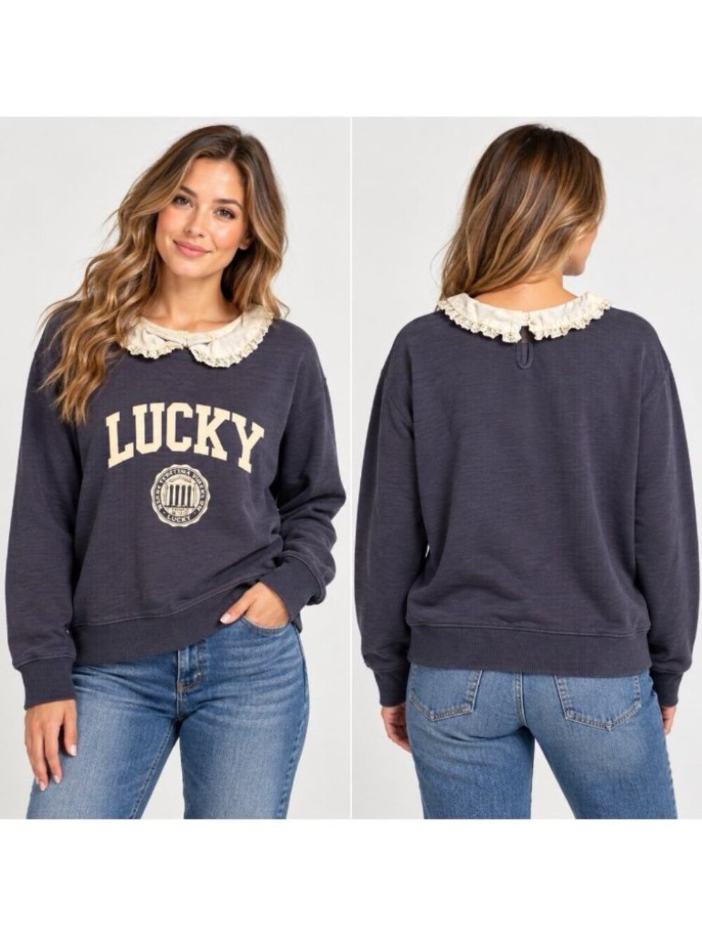 Lucky Brand Women’s XL Lucky Graphic Sweatshirt Lace Peter Pan Collar Navy